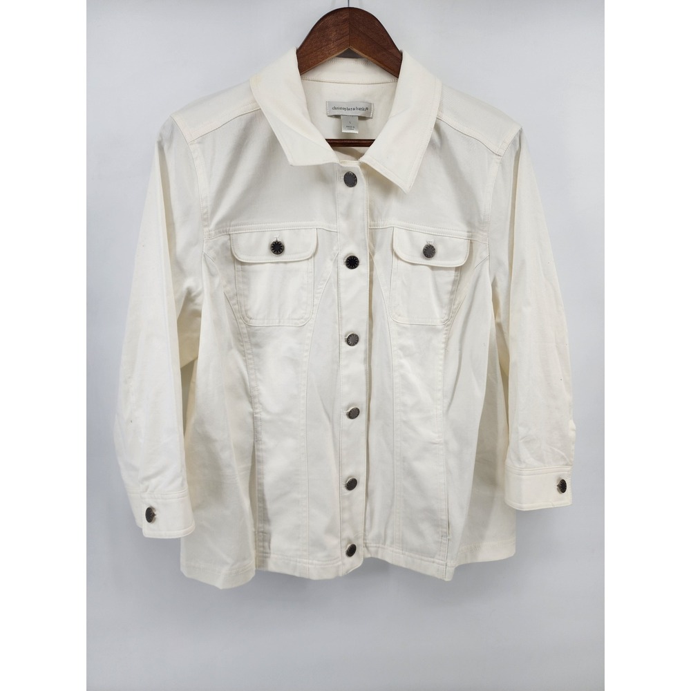 Christopher & Banks Womens Large White Denim Trucker Jacket 3/4 Sleeve
